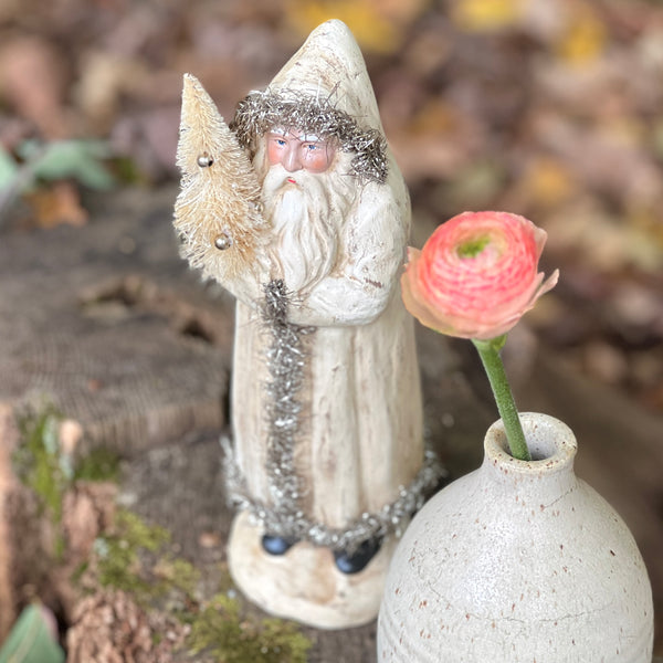 Standing Santa with Cream Tinsel Trimmed Coat