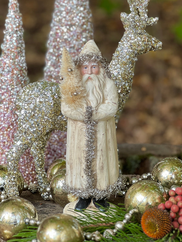 Standing Santa with Cream Tinsel Trimmed Coat