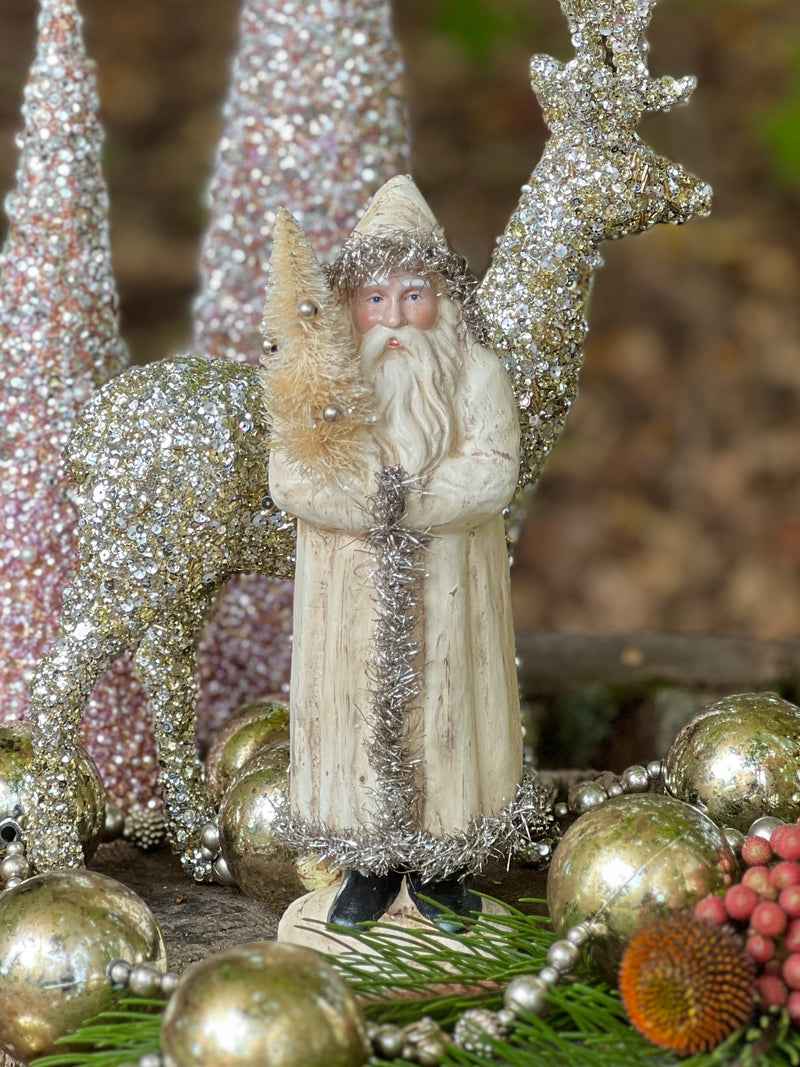 Standing Santa with Cream Tinsel Trimmed Coat