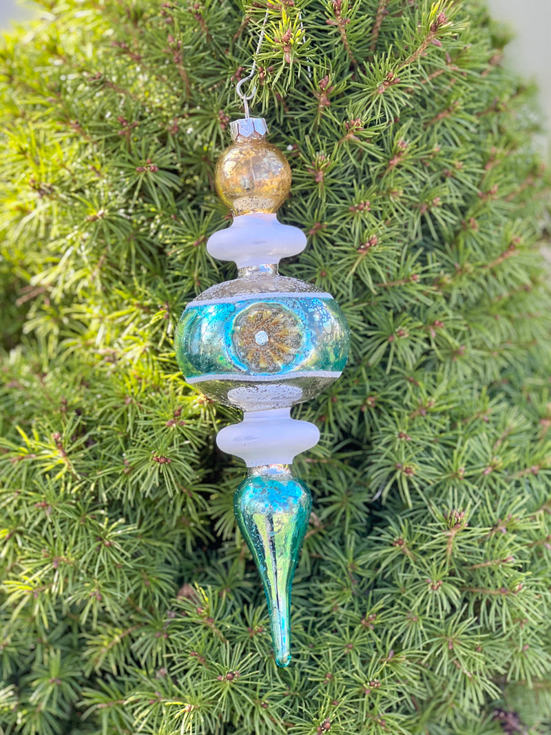 Blue, White, Silver and Gold Glass Finial Ornament