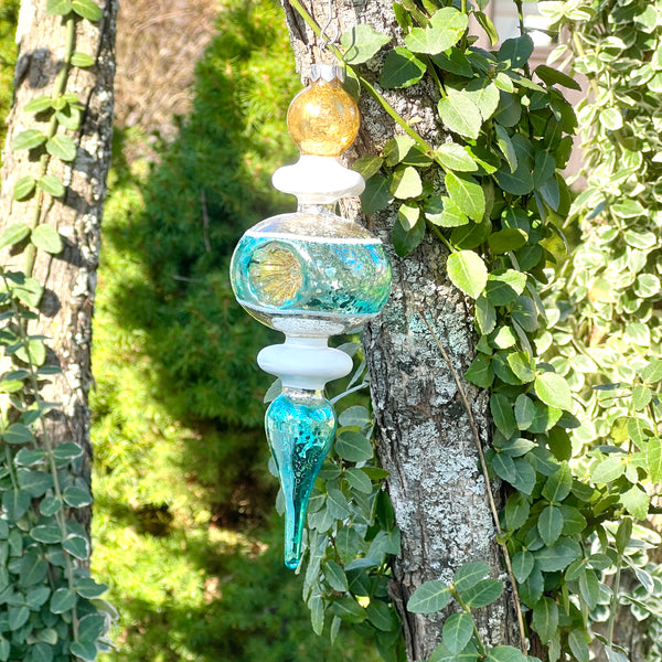 Blue, White, Silver and Gold Glass Finial Ornament