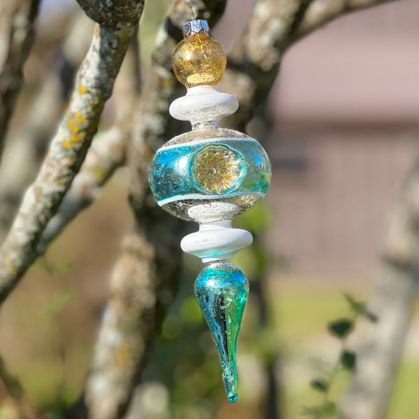 Blue, White, Silver and Gold Glass Finial Ornament