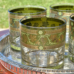 vintage Cera barware set with mid-century green and gold  details