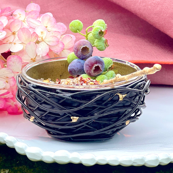 Metal Bird's Nest with Gold Leafed Glass Bowl Insert