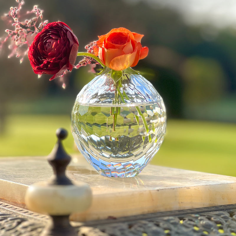 heavy faceted round glass bud vase by Beatriz Ball