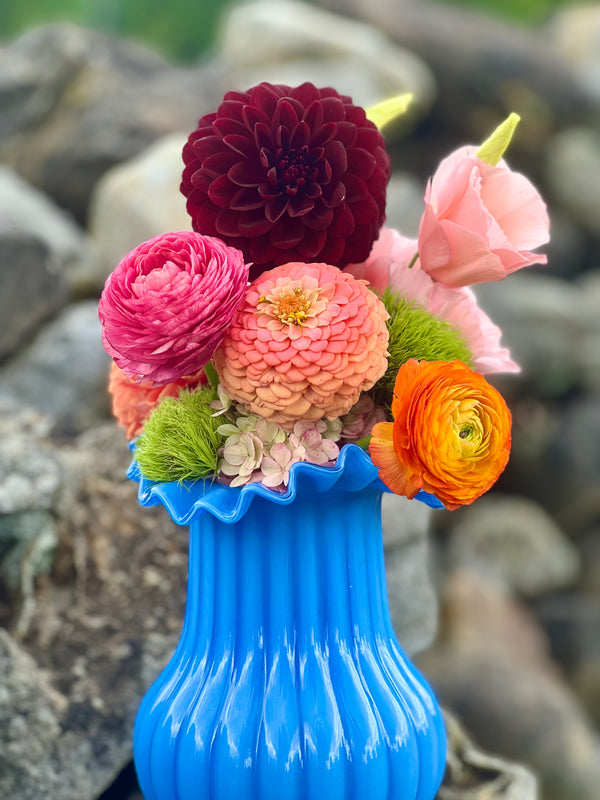 Ruffled and Ribbed Glass Vases, in Blue or Green