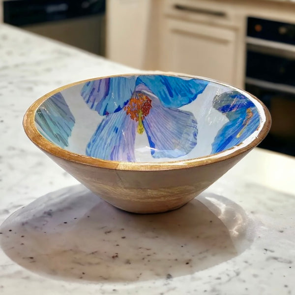 Himalayan Blue Poppies Enamel and Wood Serving Bowl