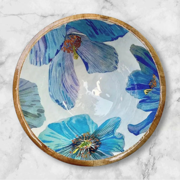 namel and wood serving bowl with blue poppy floral  design by India and Purry