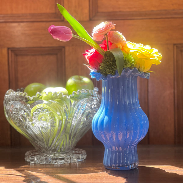 Ruffled and Ribbed Glass Vases, in Green or Blue