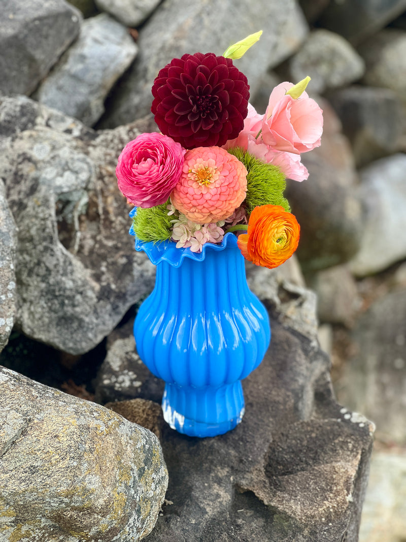 Ruffled and Ribbed Glass Vases, in Blue or Green