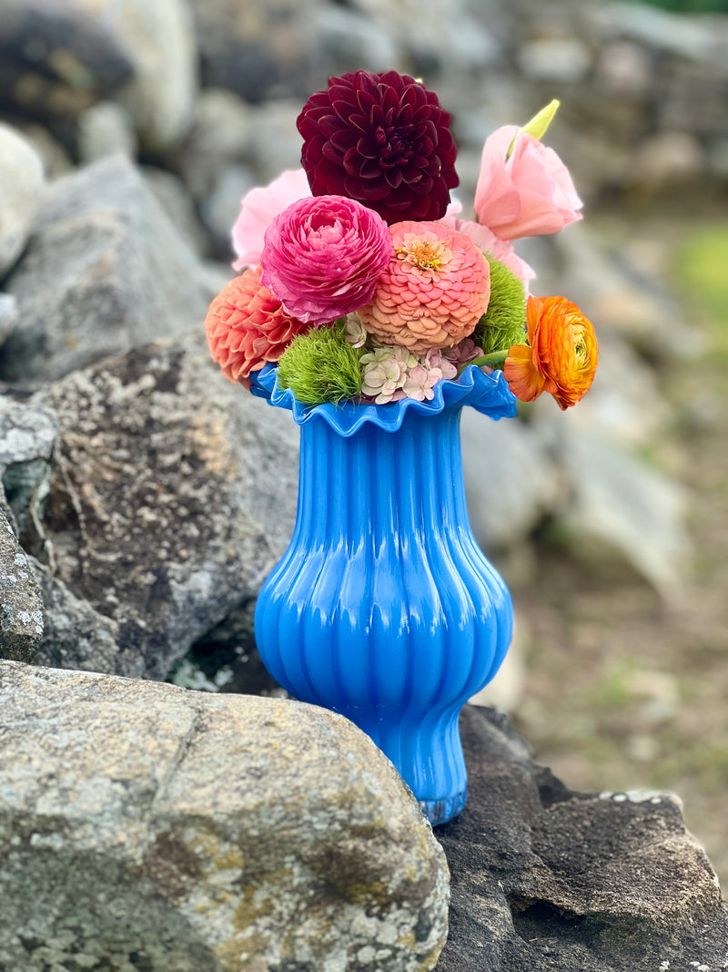 Ruffled and Ribbed Glass Vases, in Blue or Green