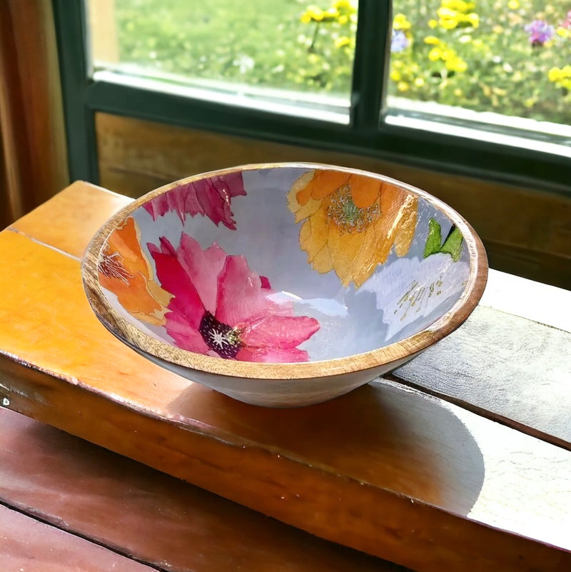 Pink, Golden Yellow and White Cactus Flower Enamel and Wood Serving Bowl