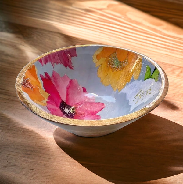 Pink and gold yellow cactus flower enamel and wood bowl by Jessica Hollander for India and Purry