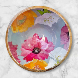 Pink, Golden Yellow and White Cactus Flower Enamel and Wood Serving Bowl