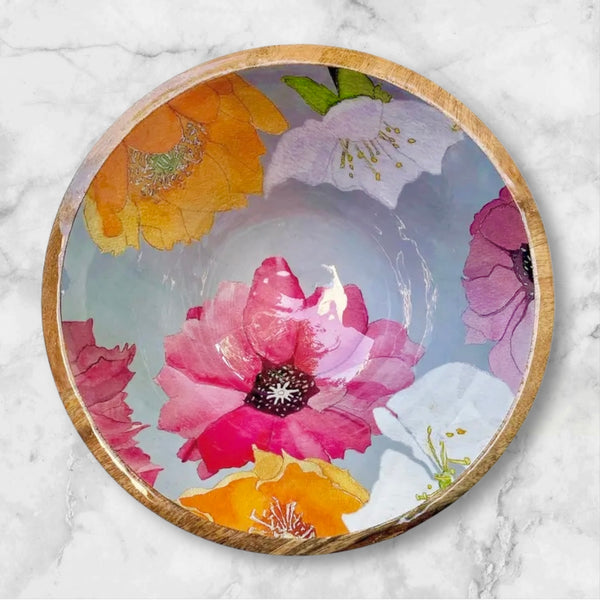 Pink, Golden Yellow and White Cactus Flower Enamel and Wood Serving Bowl