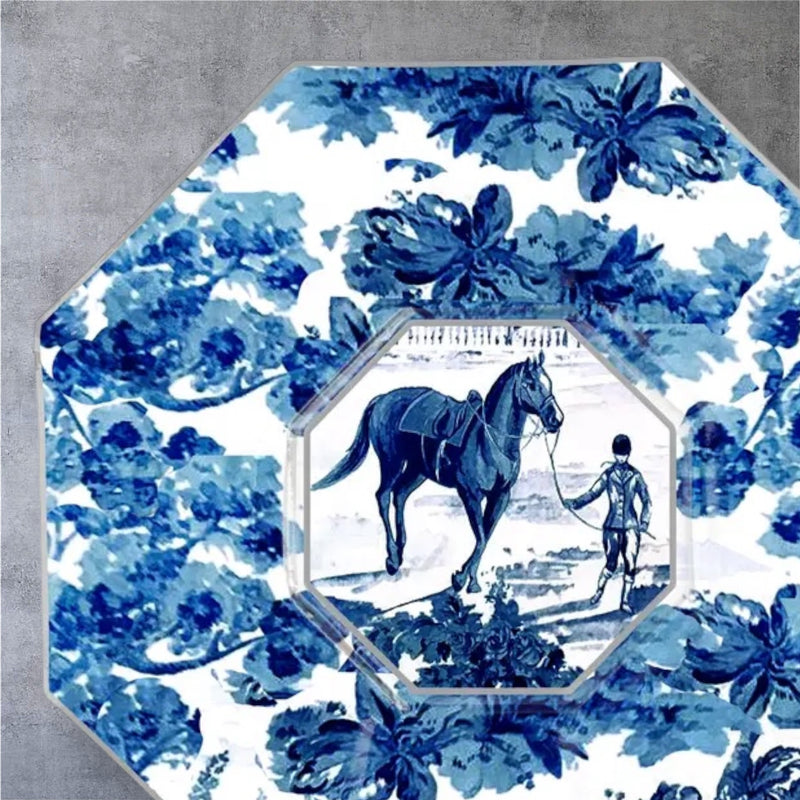 Equestrian Toile Decoupage Plate by Marye Kelley, Pink and Blue