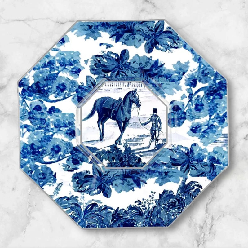 Equestrian Toile Decoupage Plate by Marye Kelley, Pink and Blue