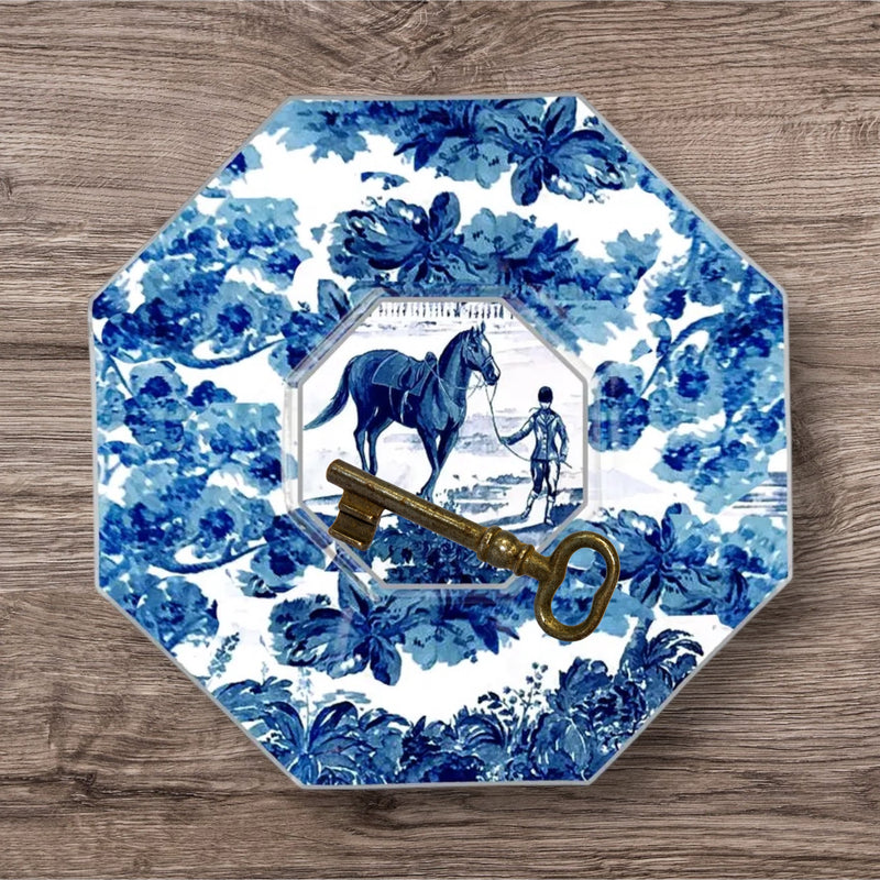 Equestrian Toile Decoupage Plate by Marye Kelley, Pink and Blue