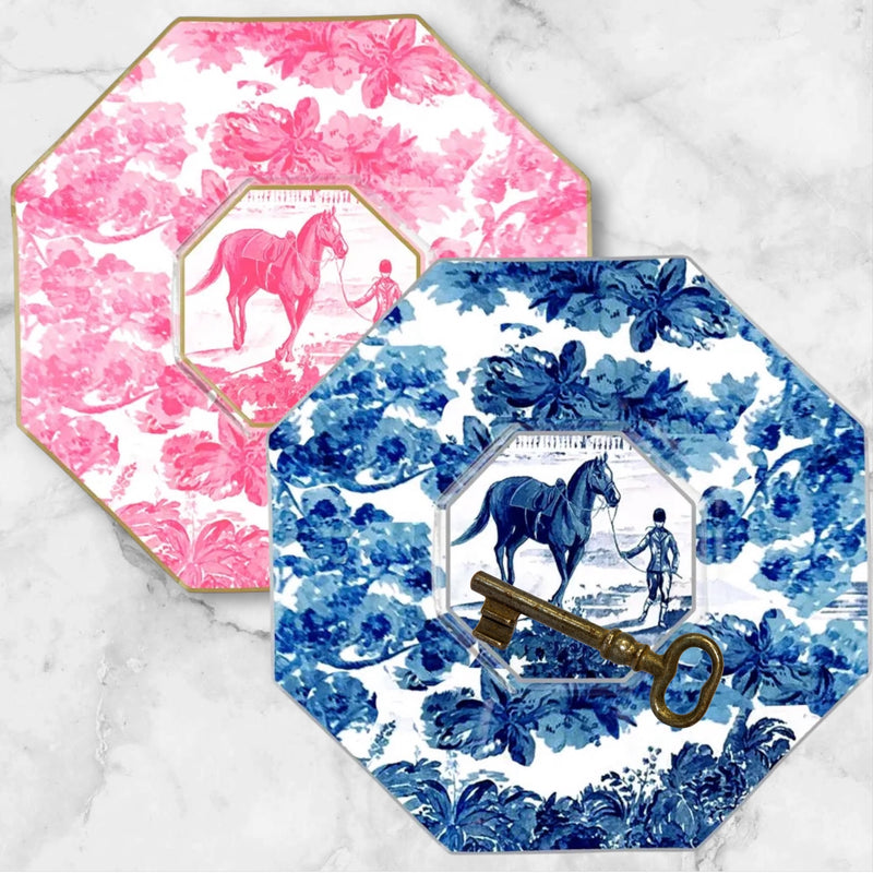 Equestrian Toile Decoupage Plate by Marye Kelley, Pink and Blue