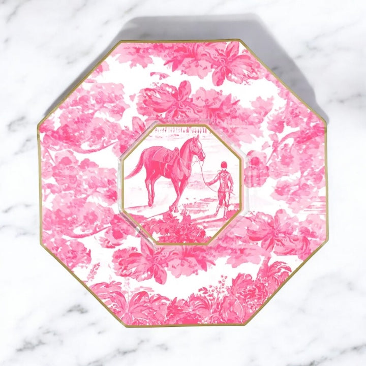 Equestrian Toile Decoupage Plate by Marye Kelley, Pink and Blue