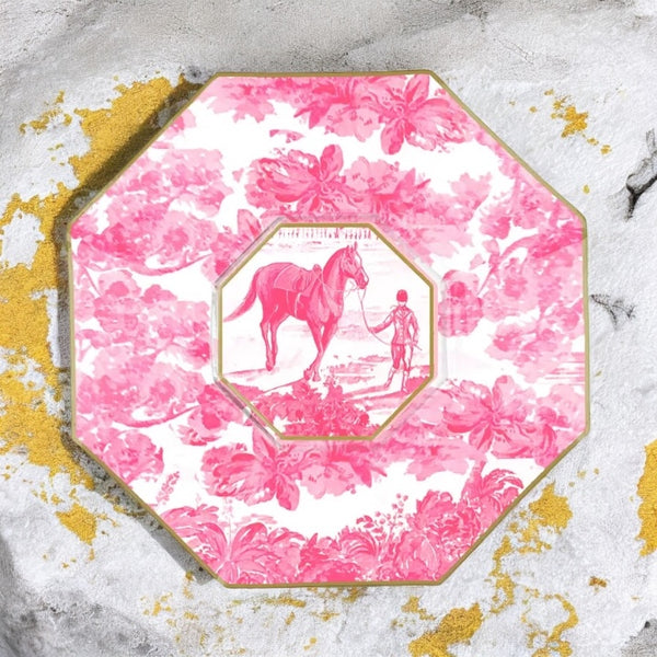 Equestrian Toile Decoupage Plate by Marye Kelley, Pink and Blue