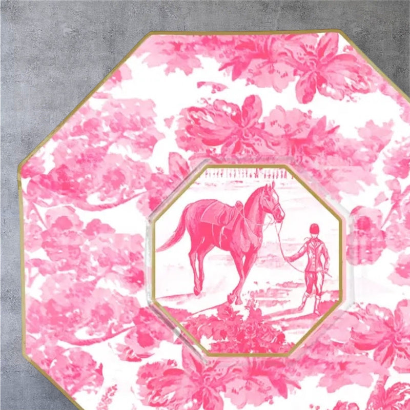 Equestrian Toile Decoupage Plate by Marye Kelley, Pink and Blue