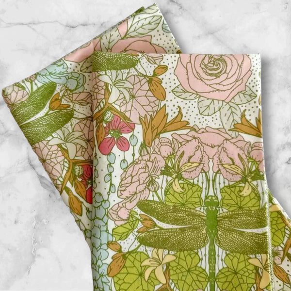 soft green and pink floral dragonfly dinner napkins