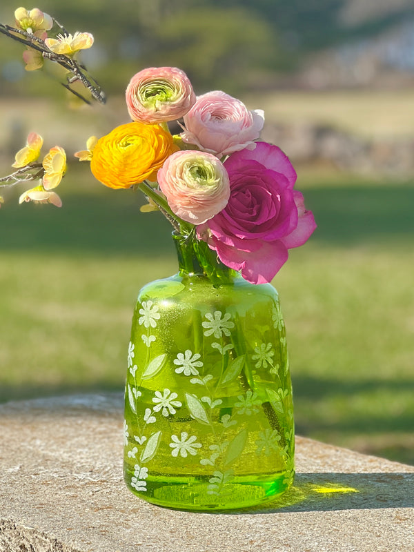 Etched Green Glass Floral Vase