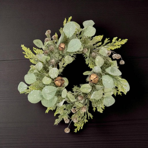 Icy Cedar and Eucalyptus Wreath with Bells and Cones