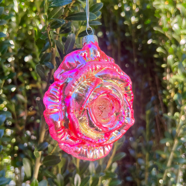 Gorgeous Pink Glass Garden Rose Ornament with Sparkle