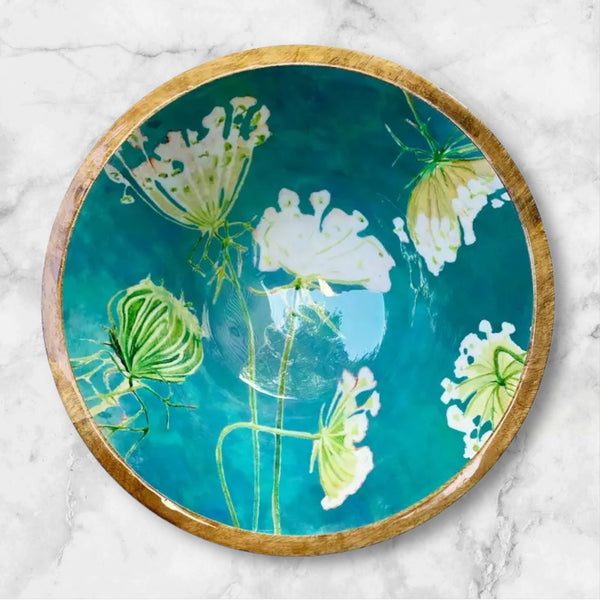 queen anne's lace flowers on teal background enamel and wood bowl by Jessica Hollander for India & Purry