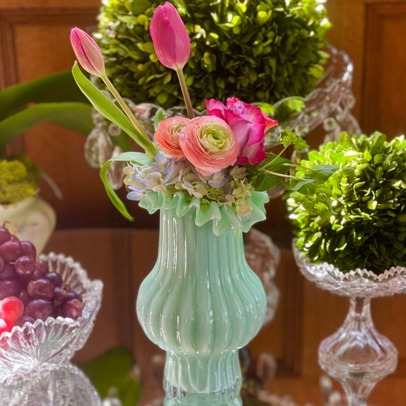 Ruffled and Ribbed Glass Vases, in Green or Blue