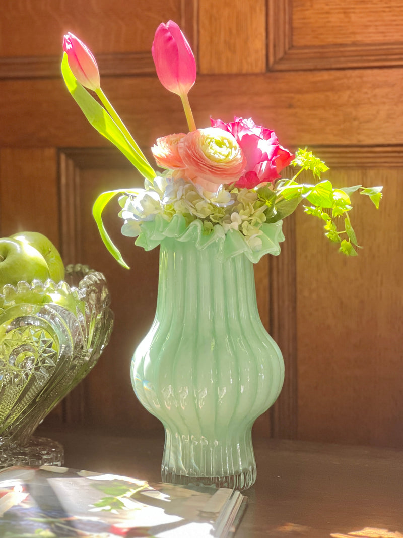 Ruffled and Ribbed Glass Vases, in Green or Blue