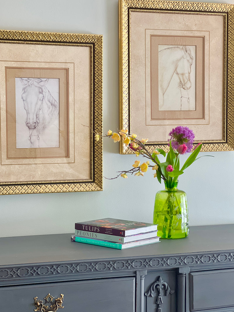 Etched Green Glass Floral Vase