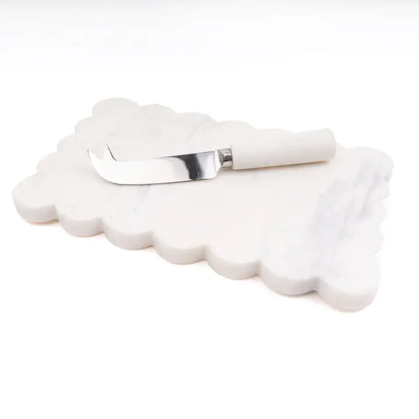 White Marble Scalloped Cheeseboard and Knife Set