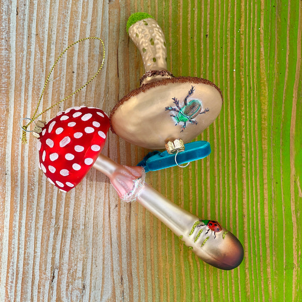 Heirloom Glass Mushroom Ornaments, Pair