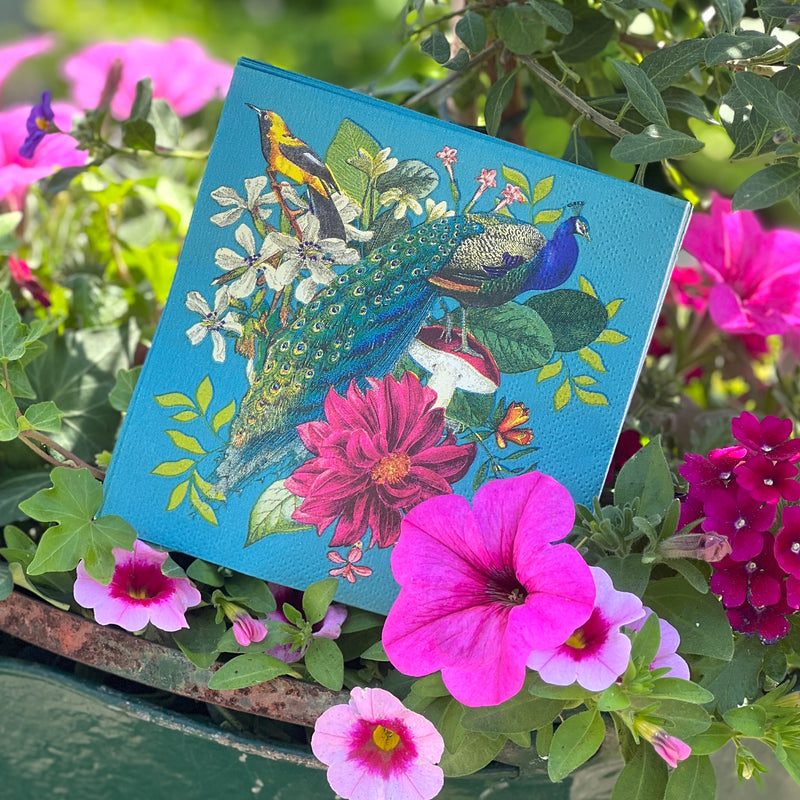 colorful cocktail napkins with peacock, birds, flowers on teal blue background