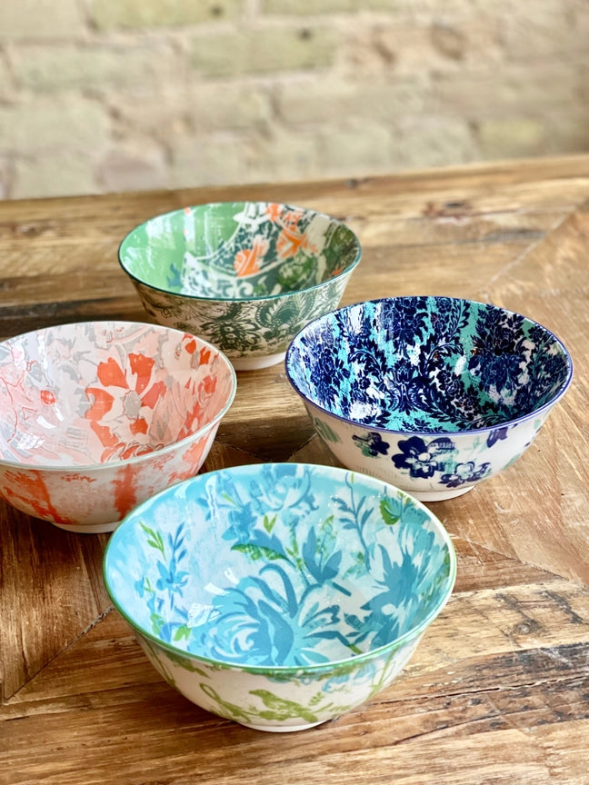 Artisan Floral Porcelain Cereal Soup Bowls by Patina Vie set of 4