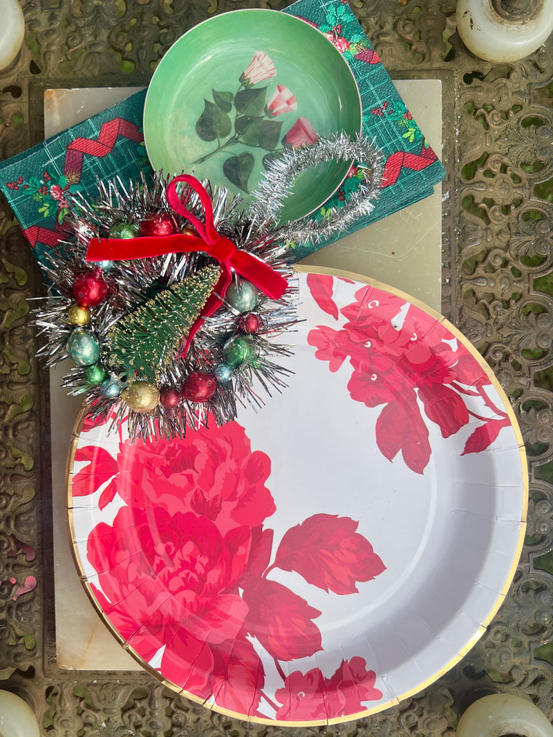 Holiday Red Floral Paper Plates with Gold Trim