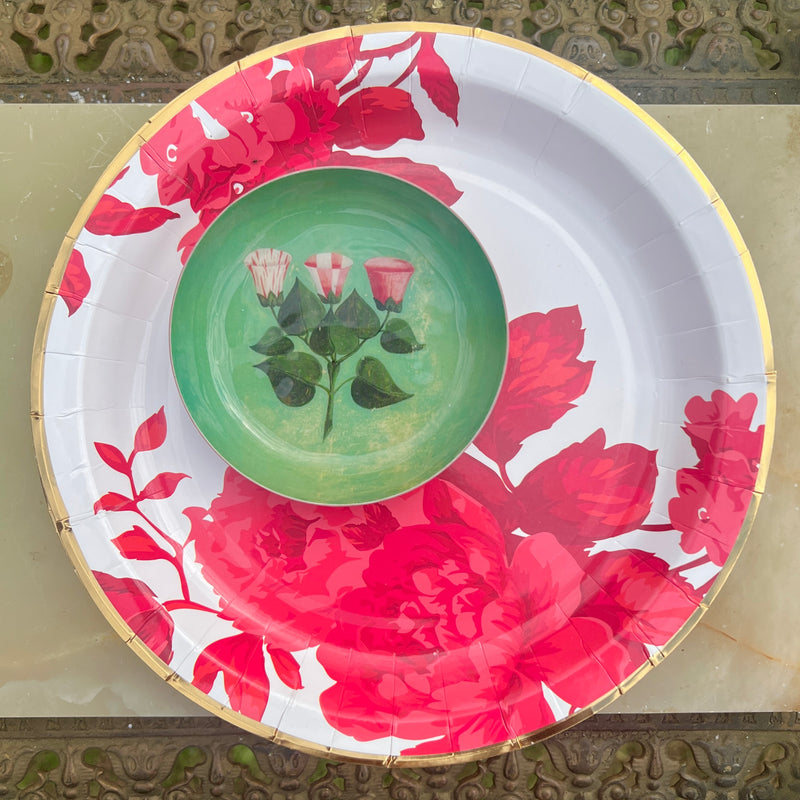 Holiday Red Floral Paper Plates with Gold Trim