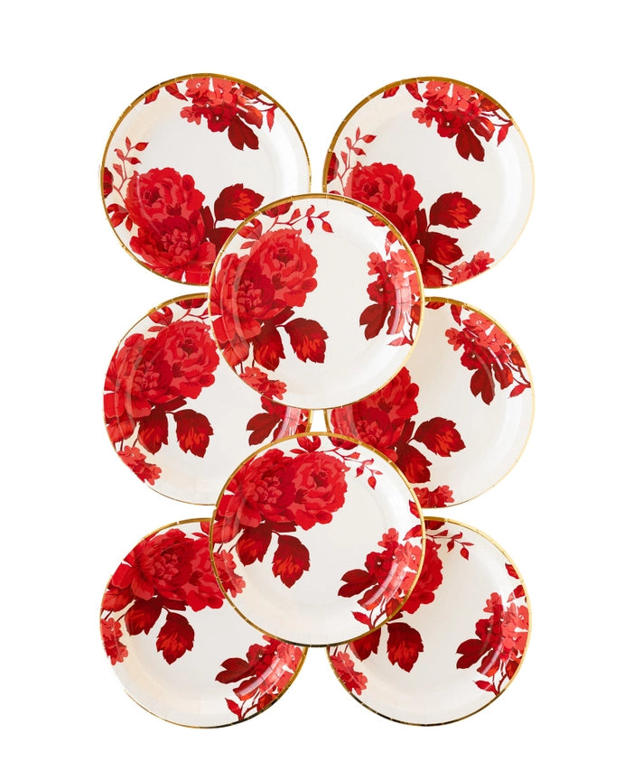 Holiday Red Floral Paper Plates with Gold Trim