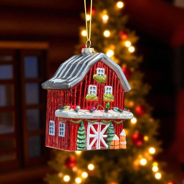 Festive Glass Barn with Strong Lights Ornament