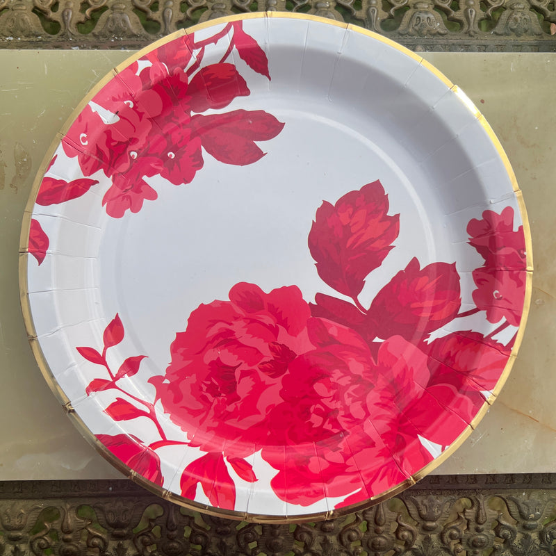 Holiday Red Floral Paper Plates with Gold Trim