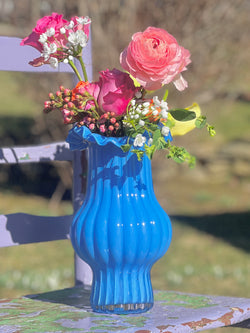 Ruffled and Ribbed Glass Vases, in Green or Blue