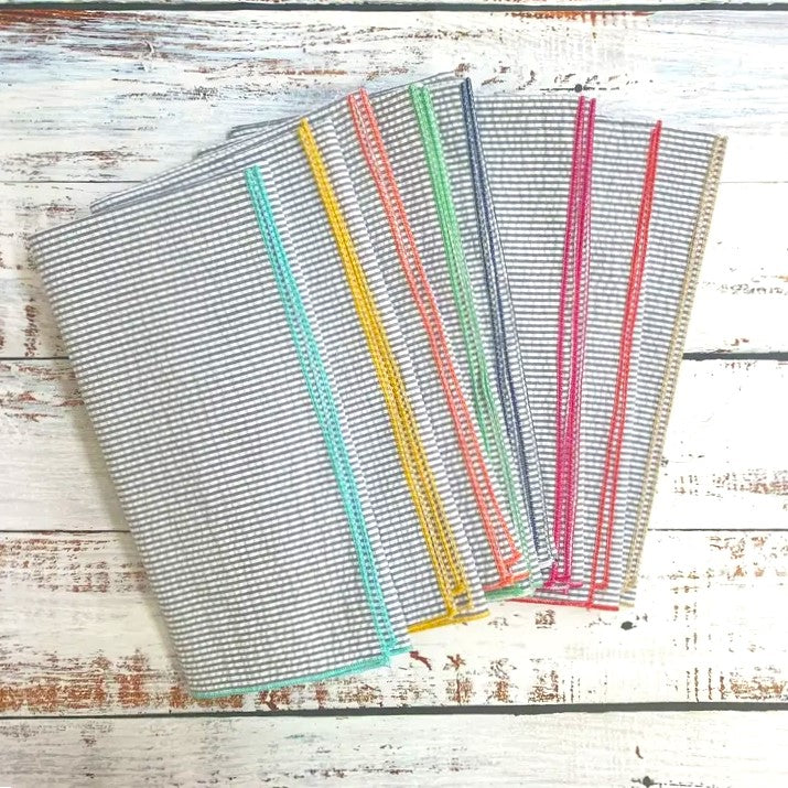 Gray Stripe Seersucker Napkins with Colorful Edges set of 8