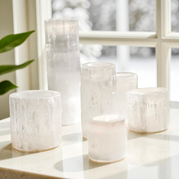 Genuine Selenite Pillar Votive Holders, 2 sizes