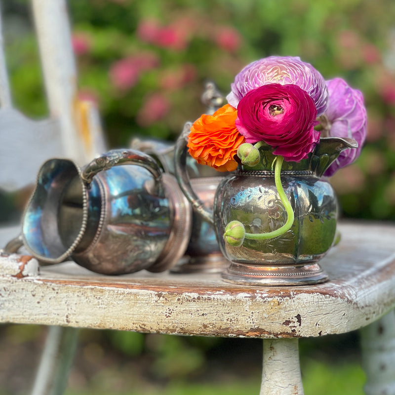 Vintage Silver Lidded Sugar, Creamer and Spoon Holder