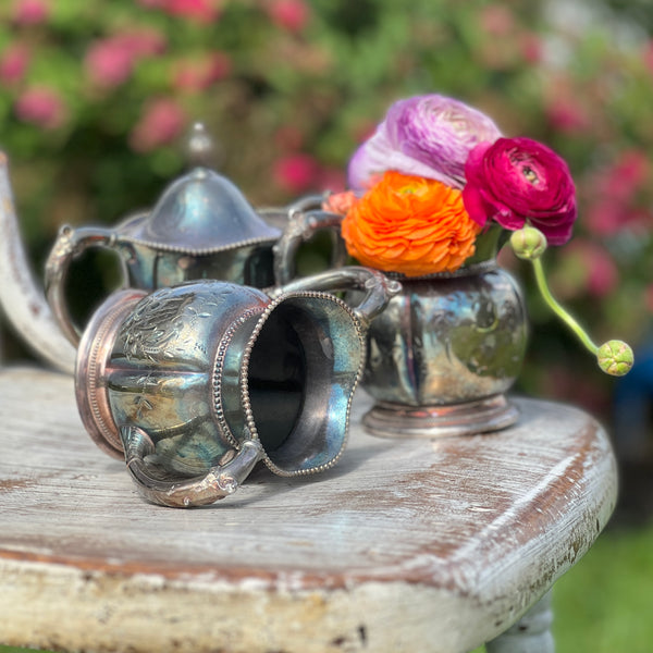 vintage silver plate lidded sugar, creamer and spoon holder