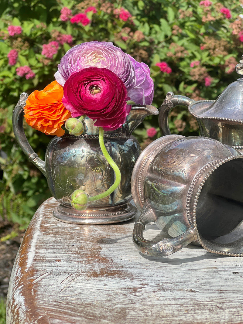 Vintage Silver Lidded Sugar, Creamer and Spoon Holder