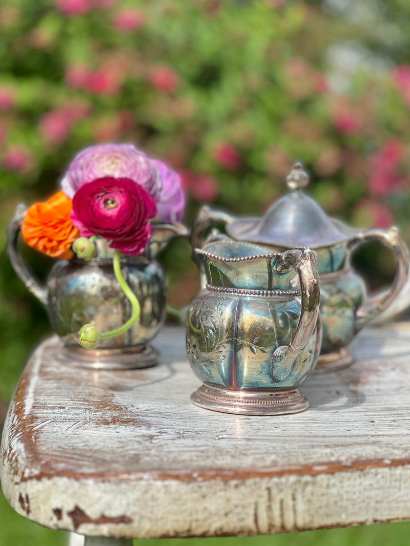 Vintage Silver Lidded Sugar, Creamer and Spoon Holder